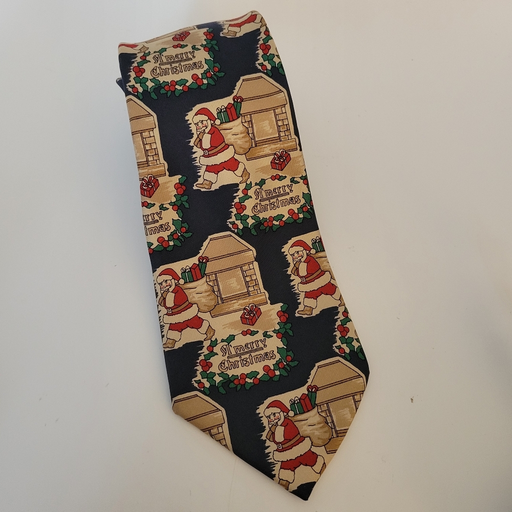 Maison Blanche Italy Silk Neck Tie Merry Christmas Santa Vintage - Picture 2 of 5